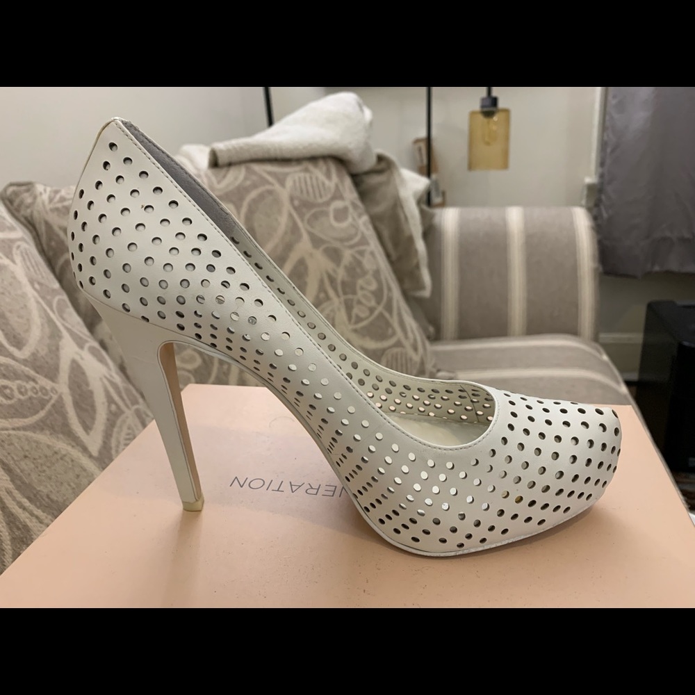 BCBG Generation White Leather BG Polka High Heels